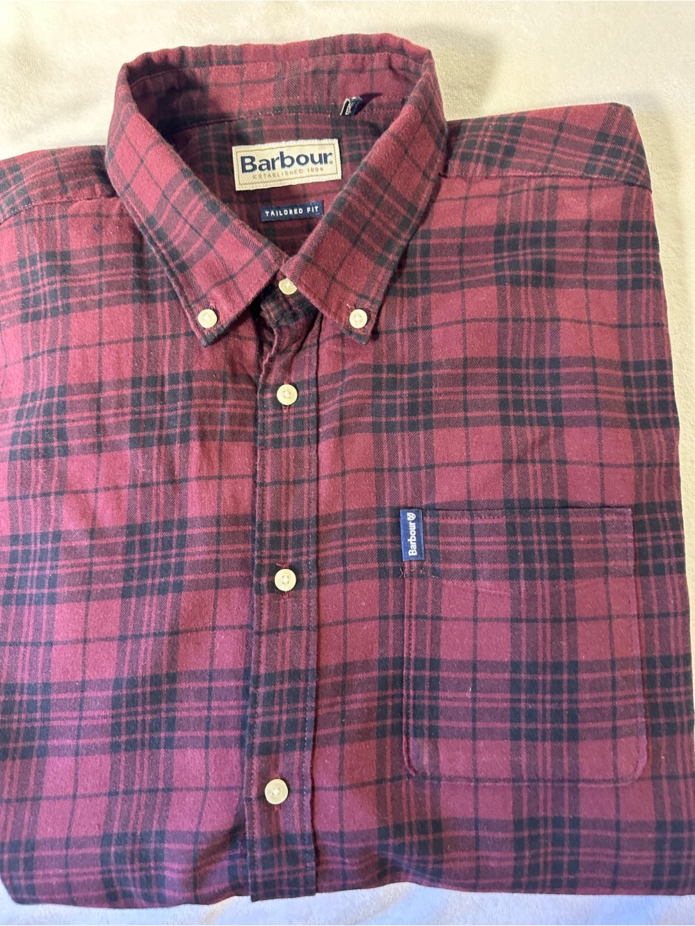 Barbour Men's Burgundy Plaid Button-Down Shirt tailored for size large